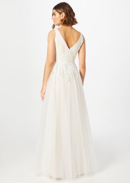 Krémové svatební šaty s bílou krajkou